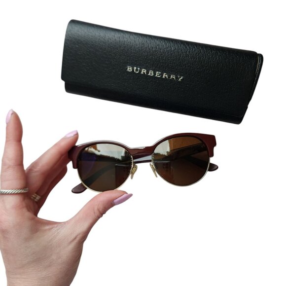 BURBERRY Round Brow Bar Sunglasses Burgundy & Gold with Case - Picture 1 of 12